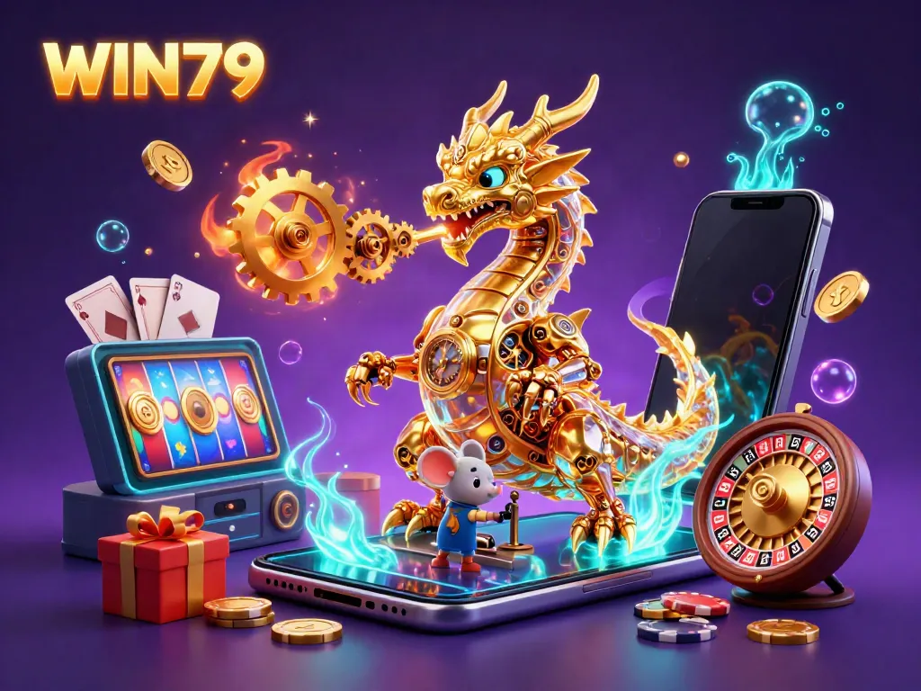 Experience the thrill of WIN79 with vibrant casino elements in a magical, dynamic scene.