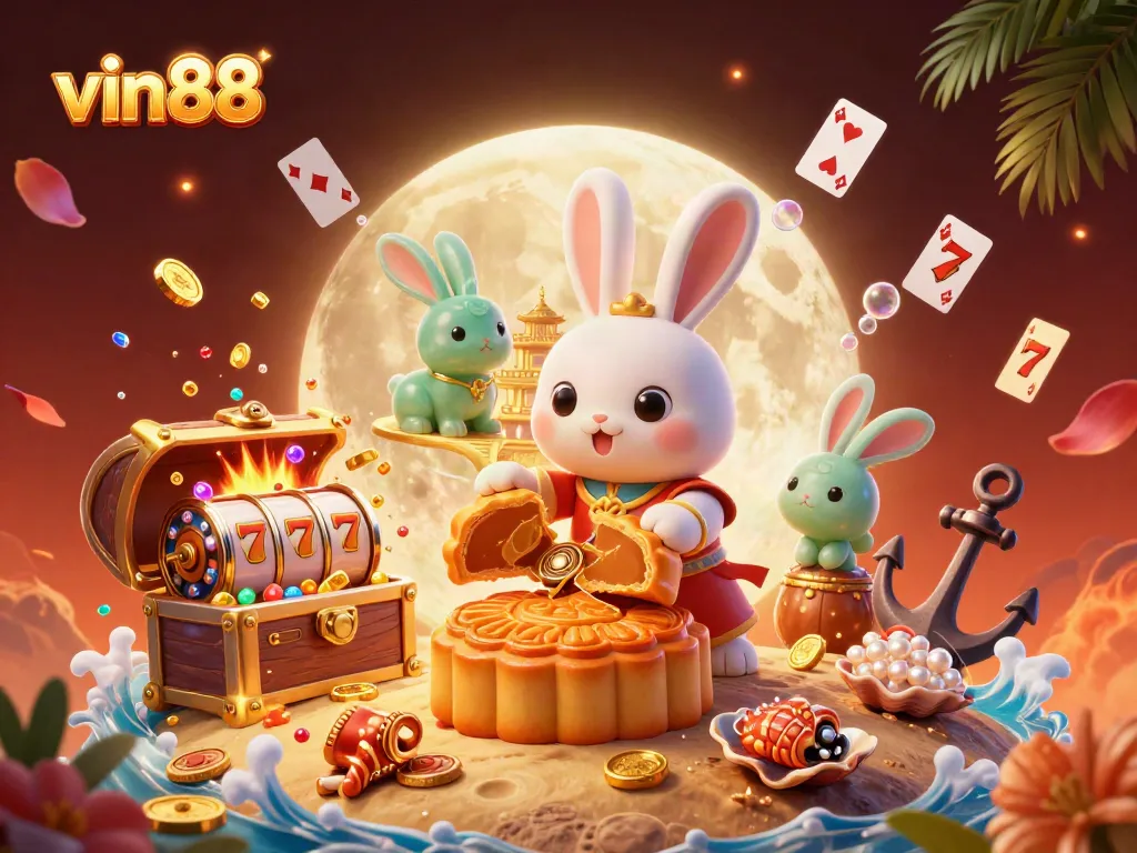 Spin to win with vin88: 3D cartoon moon rabbit and jade companion featuring floating poker chips.