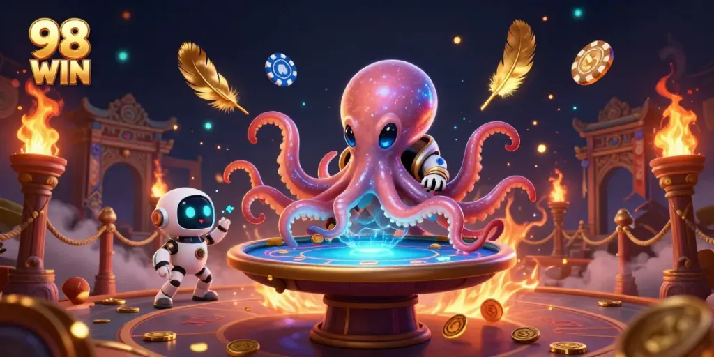 Engage with the thrilling atmosphere of 98 WIN casino, where an alien octopus operates vibrant poker games.