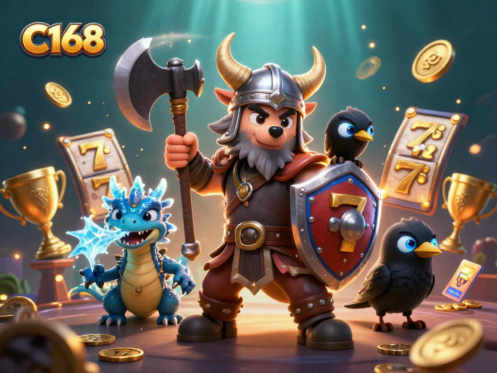C168 offers dynamic gaming with a Viking warrior and dragon amidst 3D casino elements.