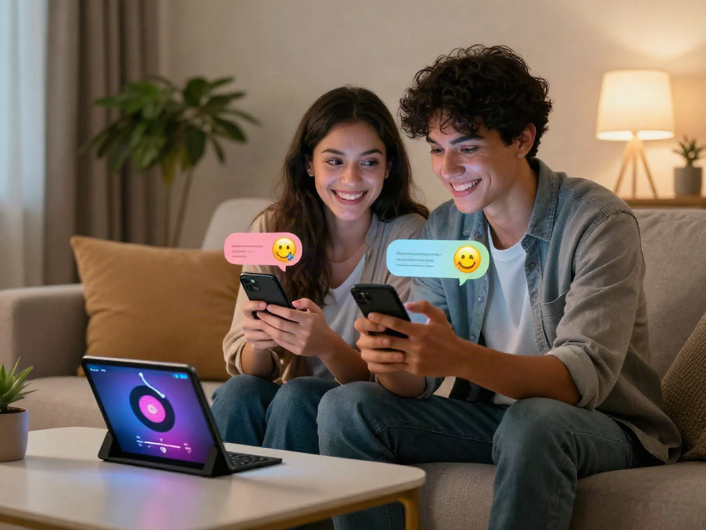 Young couple enjoying ai sexting on smartphones in a cozy living room, embodying modern digital communication.