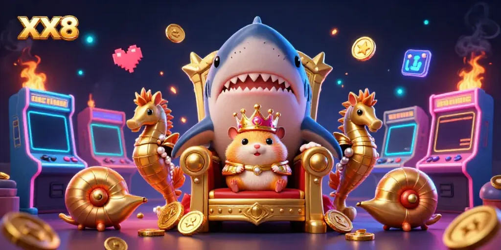 Experience thrilling gameplay at XX8 with a vibrant 3D casino scene filled with colorful arcade and gaming elements.