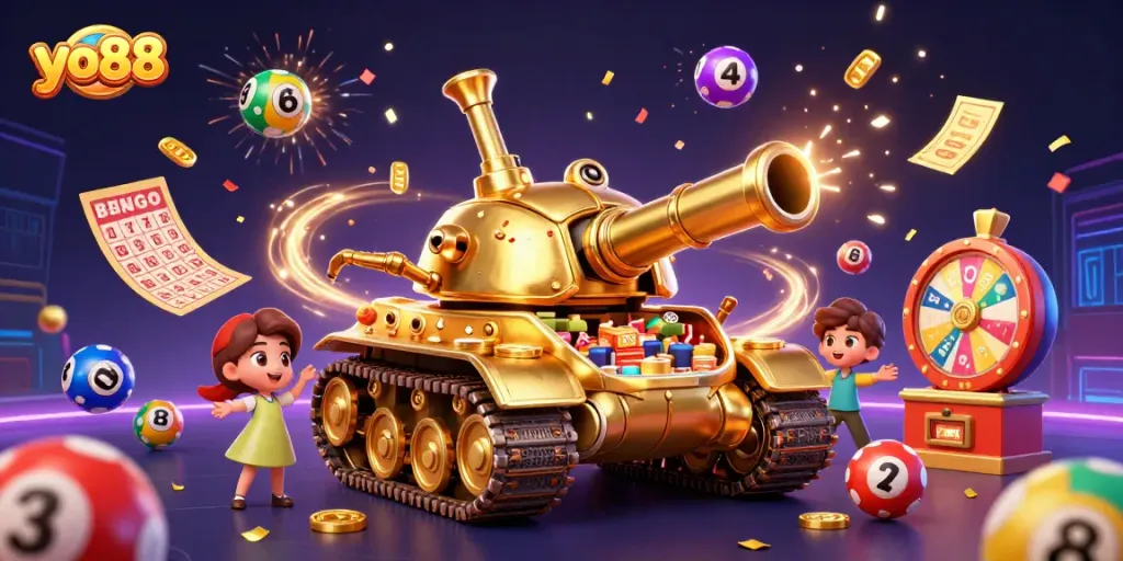 Engage with the dynamic yo88 casino experience featuring a golden beetle tank bursting with winning opportunities.