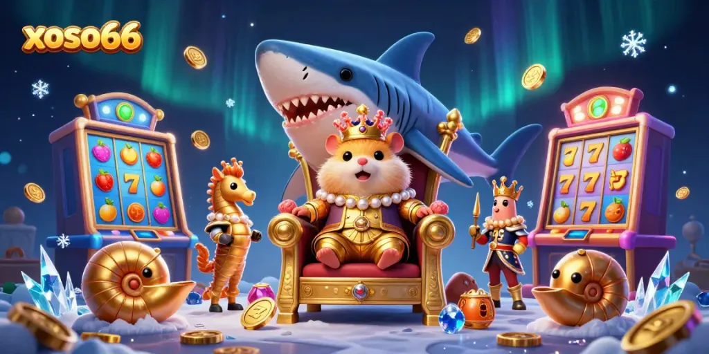 Try your luck with xoso66 featuring a golden hamster king and slot machines in a vibrant casino setting.