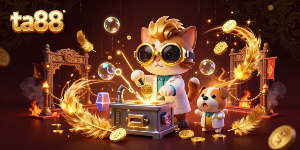 Engage in thrilling games at ta88 with an illustration of a mad scientist cat creating gold coins.