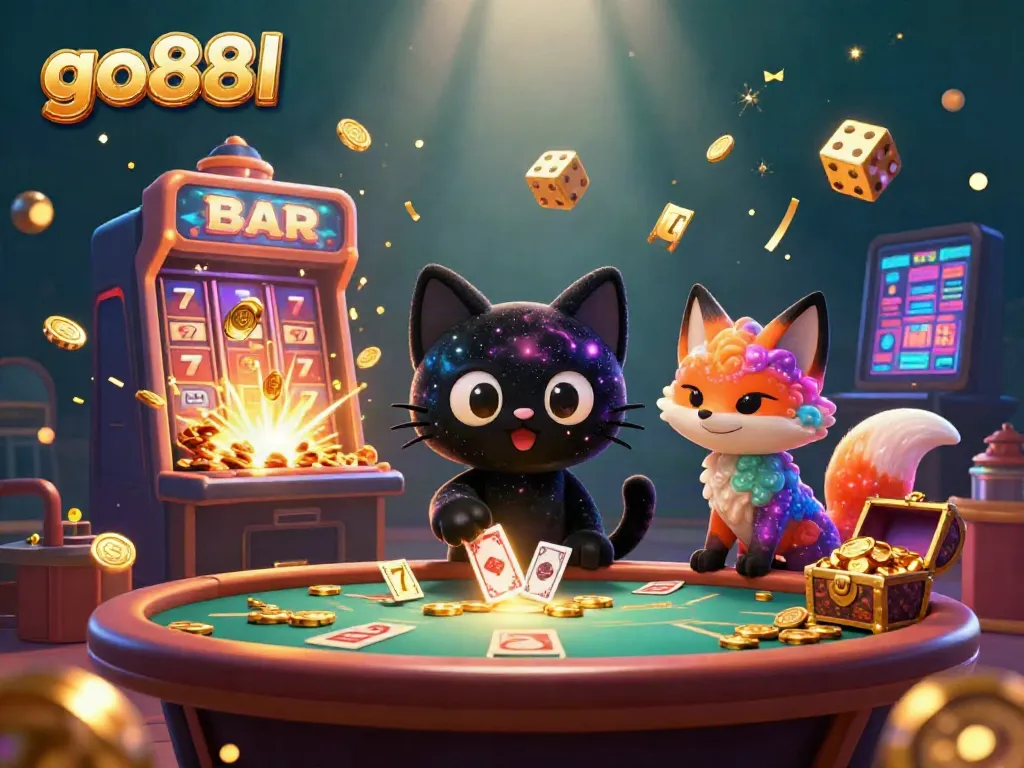 Engage in exciting gameplay at go88l with dynamic casino elements like the cosmic cat character and slot machine.