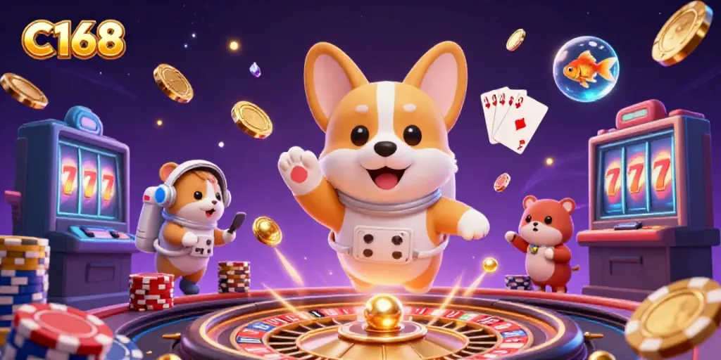 Immerse in C168's playful casino world with astronaut corgi and golden treasures.