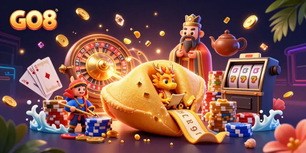 Engage in the thrilling world of GO8 Casino with vibrant characters and dynamic gaming elements.