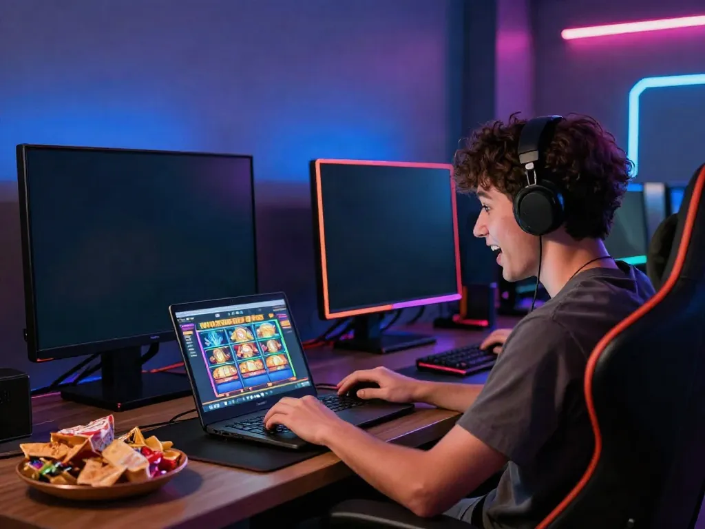 Engaged gamer experiencing slot qris on laptop and smartphone in a vibrant gaming room.
