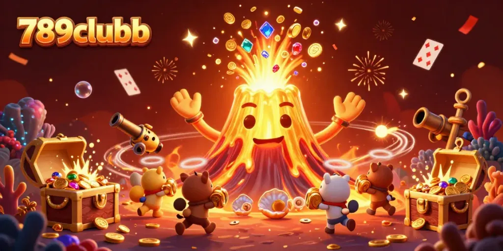 Experience thrilling adventures at 789clubb with treasures exploding from a golden volcano in a vibrant casino-themed scene.