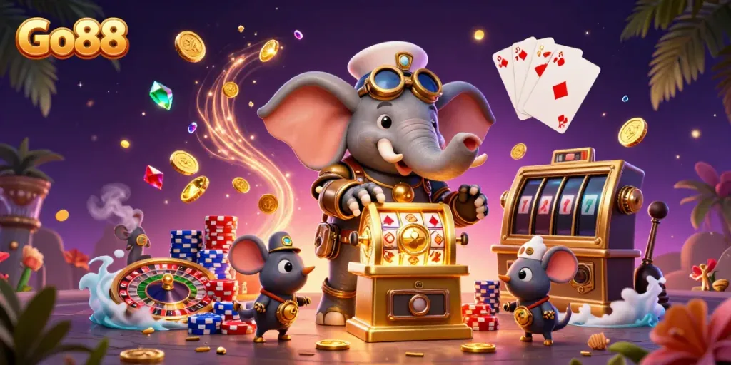 Spin the reels with Go88's captivating steampunk casino scene featuring thrilling games and vibrant treasures.