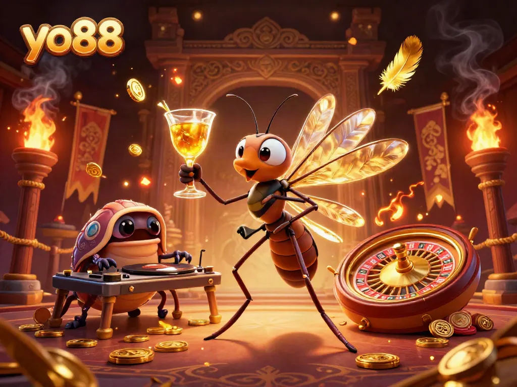 Engage with the vibrant world of yo88, featuring a frozen mosquito casino mascot and trilobite DJ in a lively scene.