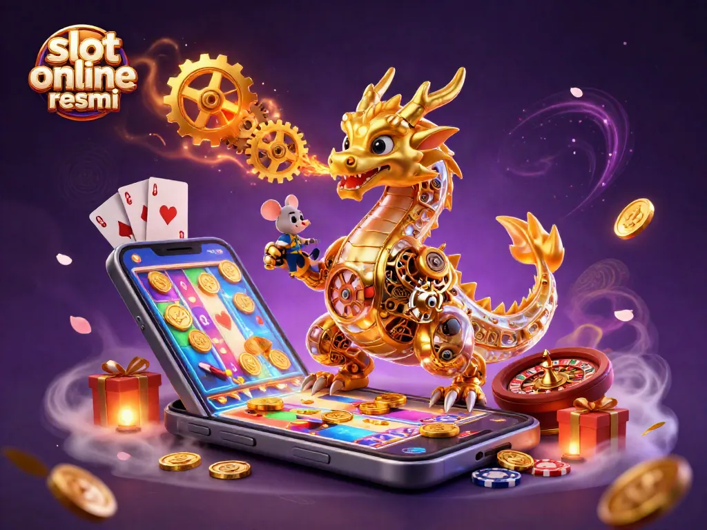 Experience slot online resmi excitement with a golden dragon, spinning reels, and dynamic casino elements.