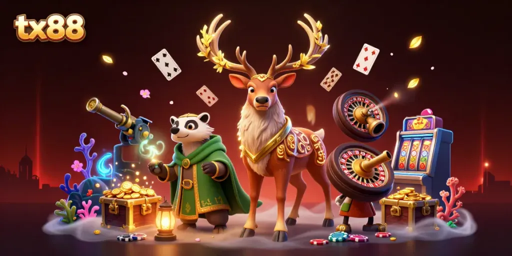 Experience winning action with tx88 in this vibrant casino-themed illustration.