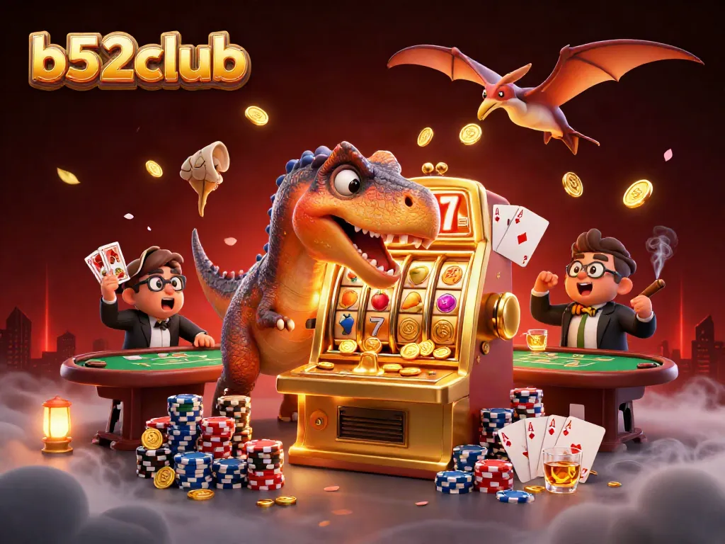 Experience thrilling jackpots at b52club with a pachycephalosaurus winning coins from a golden slot machine.