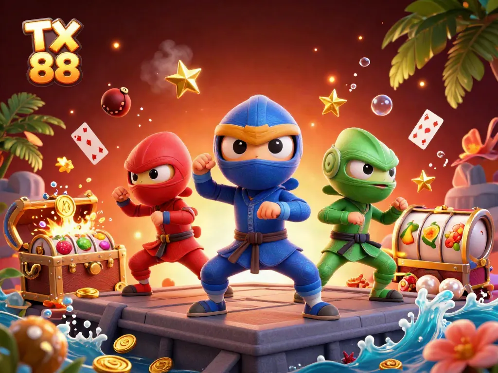 Experience thrilling gameplay action with TX 88 as a colorful ninja chameleon team showcases synchronized moves amidst dynamic casino elements.