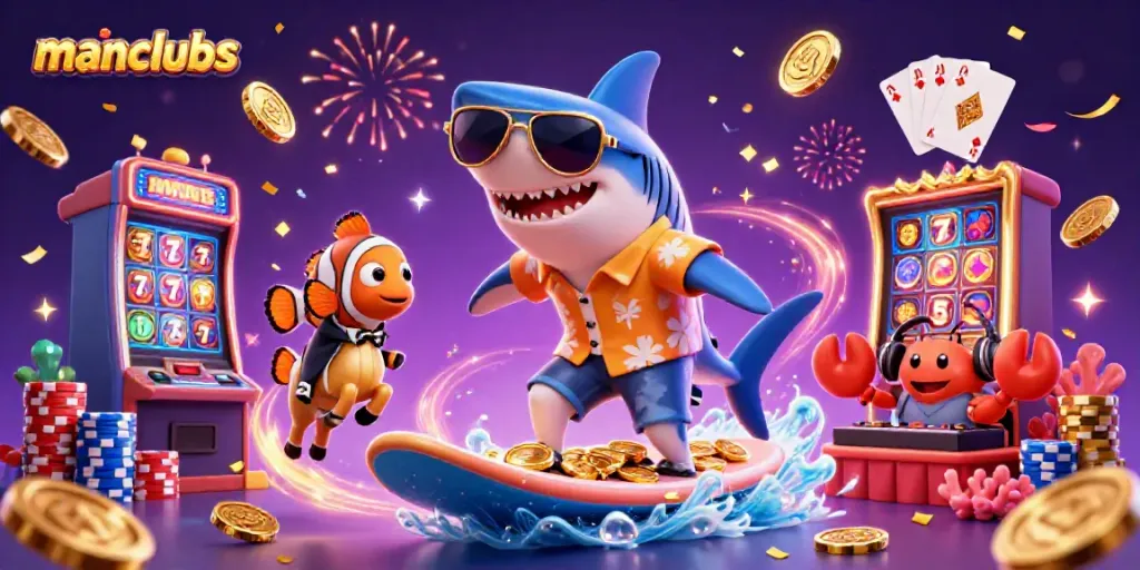 Experience the thrill of manclubs with an exciting casino illustration featuring a hammer-head shark surfing golden coins.
