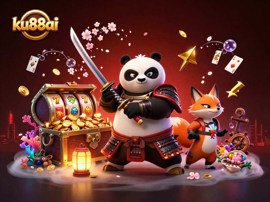 ku88ai features a vibrant 3D scene with a samurai panda and ninja fox in action.