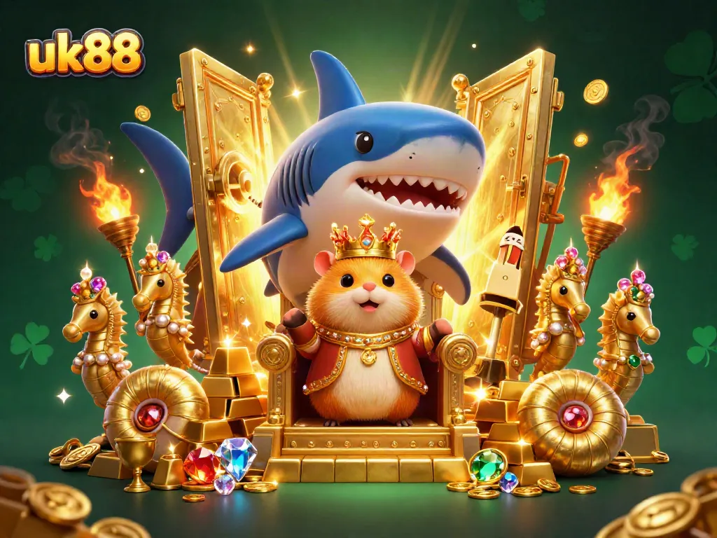 Win big with uk88 as a fearless golden hamster king reigns over treasure in this vibrant casino scene.