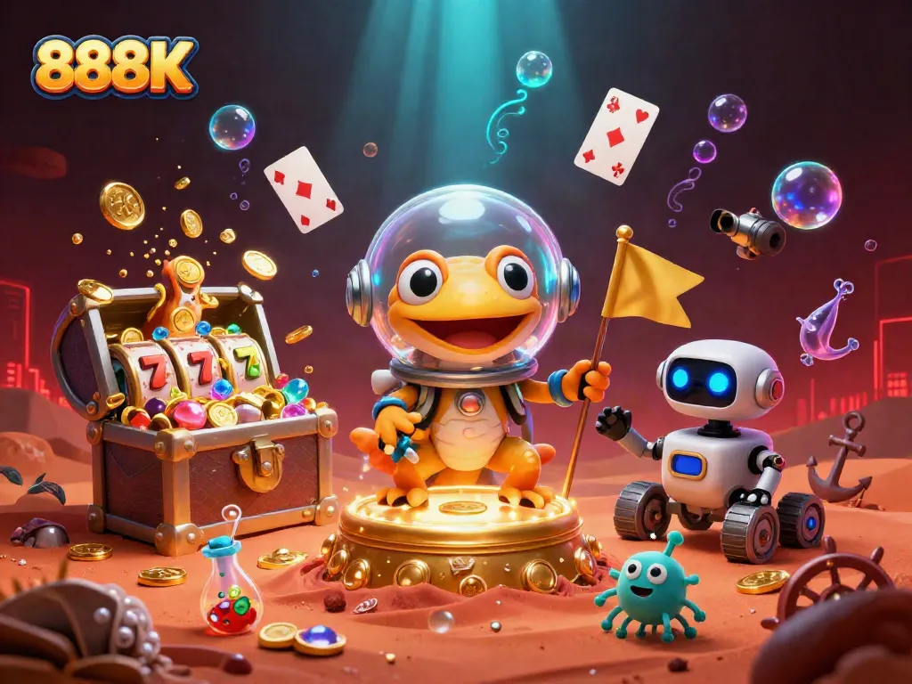 Uncover the thrilling world of 888K with a Martian gecko exploring a golden casino.