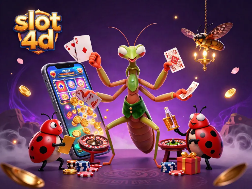Slot 4D menampilkan karakter mantis bermain kartu di kasino yang dikelilingi koin emas dan permainan slot.
