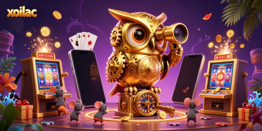 Experience the brilliance of xoilac with stunning visuals of a clockwork owl and lively casino elements.