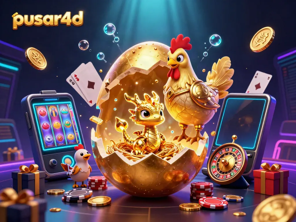 Pusar4d showcases a colossal golden egg revealing a gold dragon and poker chips in a dynamic casino adventure.