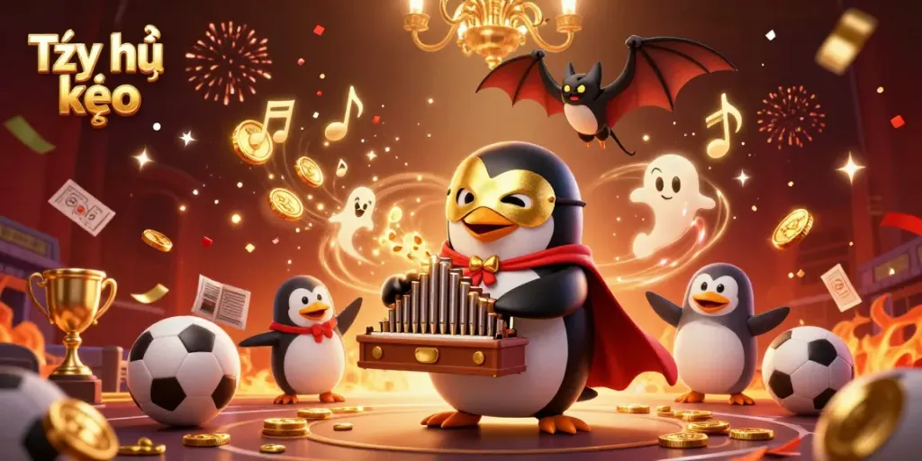 Experience thrilling sports betting action with Tỷ lệ kèo's dynamic scene featuring a penguin organist, sporting elements, and golden coins.