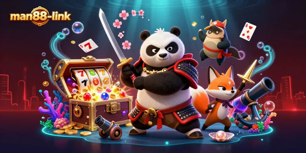 Experience thrilling jackpots with man88-link's vibrant casino adventure, featuring samurai panda and ninja fox.