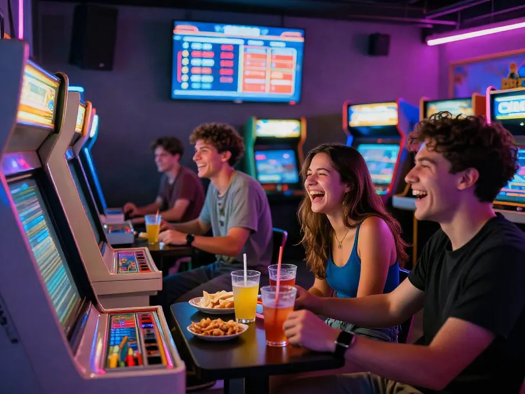 Exciting group playing classic games at PECAH404 arcade filled with vibrant neon lights and retro cabinets.