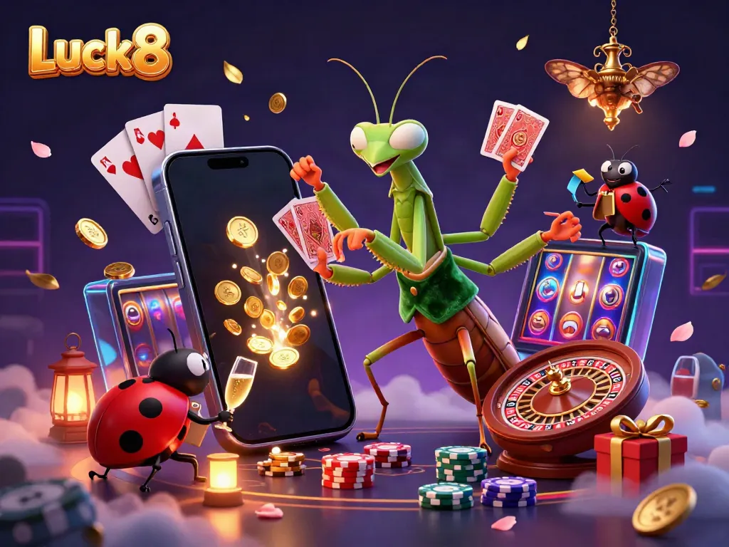 Luck8 promotional art showcasing a lively casino scene with dynamic characters and vibrant gaming elements.