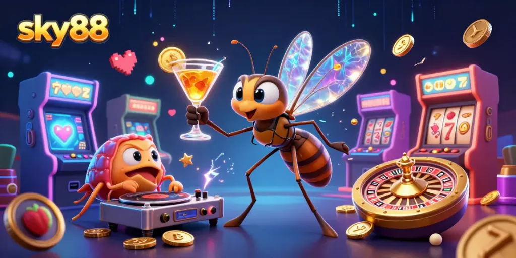 Experience thrilling gaming at sky88 with animated casino characters and vibrant game elements.