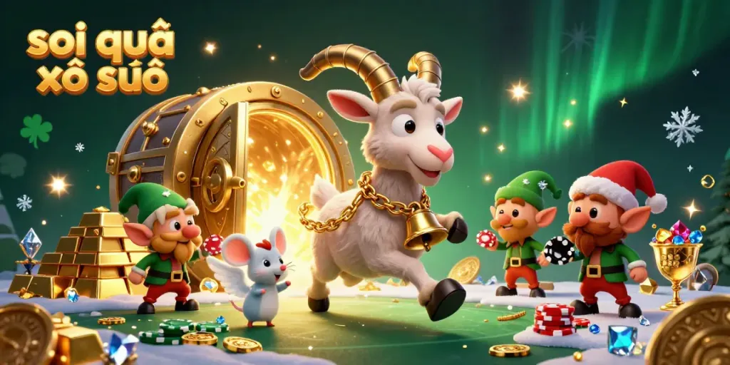 Engage in soi cầu xổ số with festive 3D characters at a vibrant holiday casino scene.