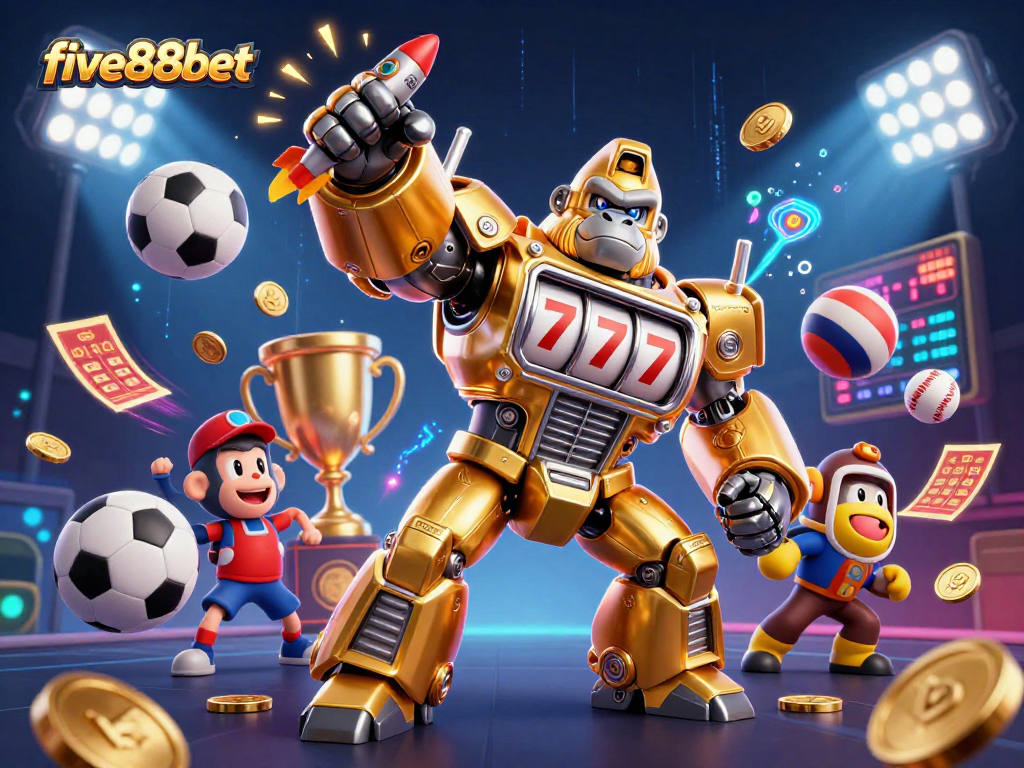 Experience the excitement of five88bet with a dynamic 3D animation featuring thrilling gaming elements.