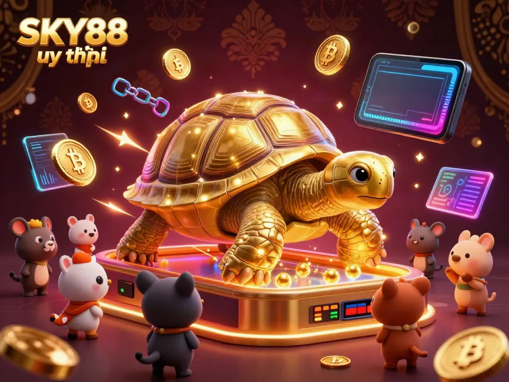Play thrilling games at SKY88 uy tín with Bitcoin and Ethereum influences in a lively 3D casino scene.