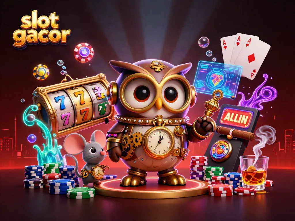 Spin slot gacor with an adventurous owl in a vibrant steampunk casino scene.