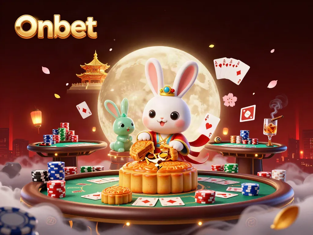 Engage with Onbet's moon rabbit themed casino illustration featuring vibrant poker elements and mystical details.