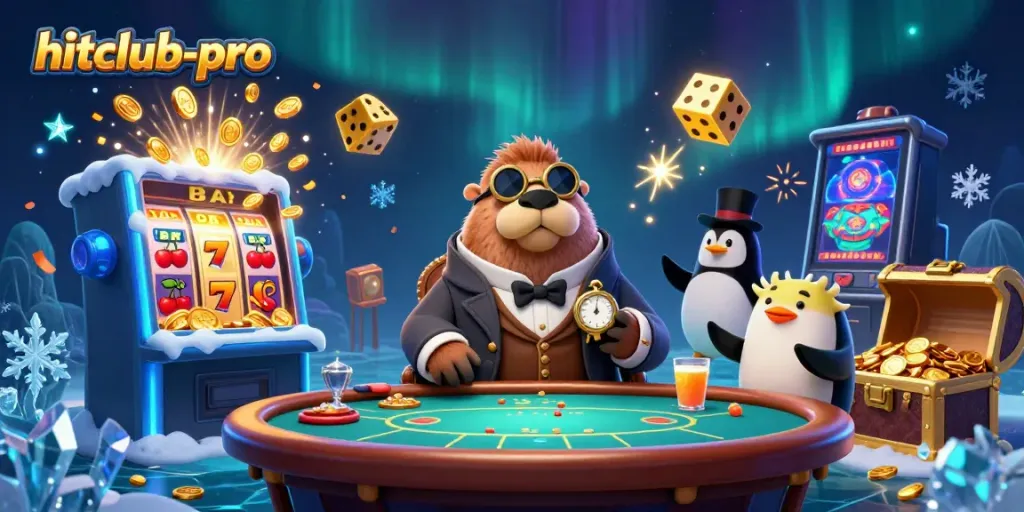 hitclub-pro showcases card games with a walrus and dealer in a bustling casino scene.