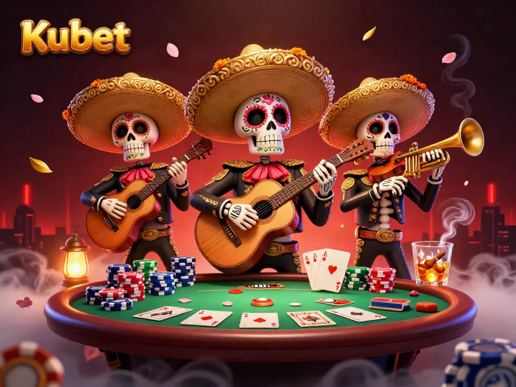 Kubet players celebrate with a mariachi theme, surrounded by poker elements and vibrant visuals.
