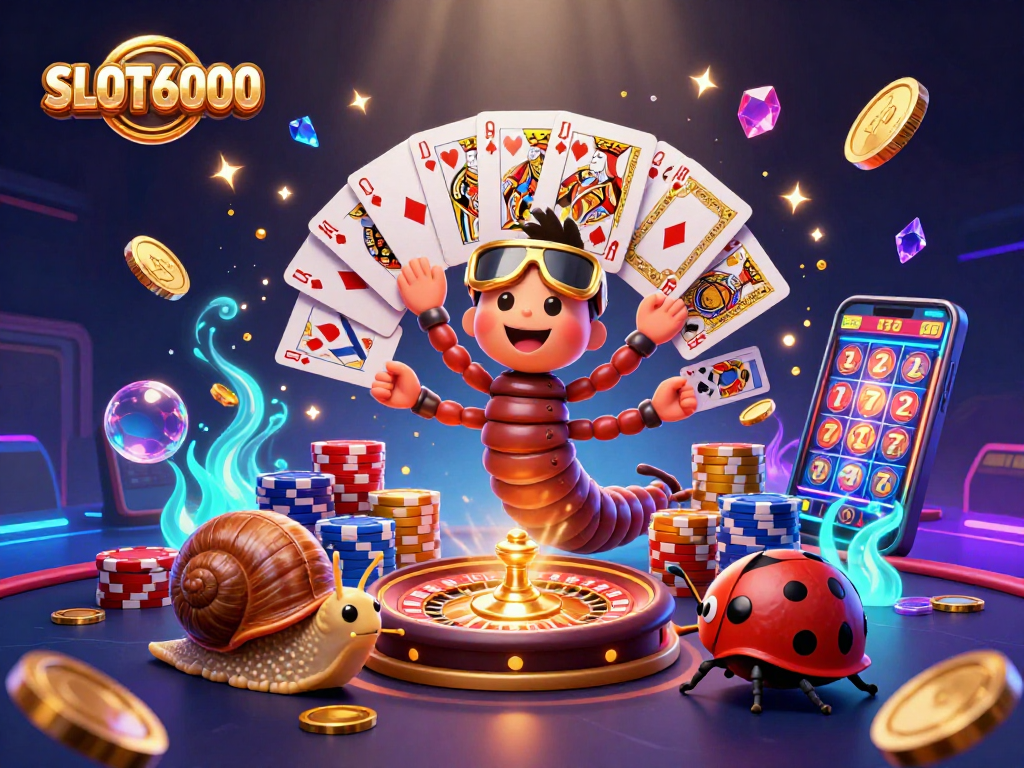 SLOT6000 captivates players with an engaging 3D illustration of a millipede dealer and high-roller characters amid dynamic casino elements.