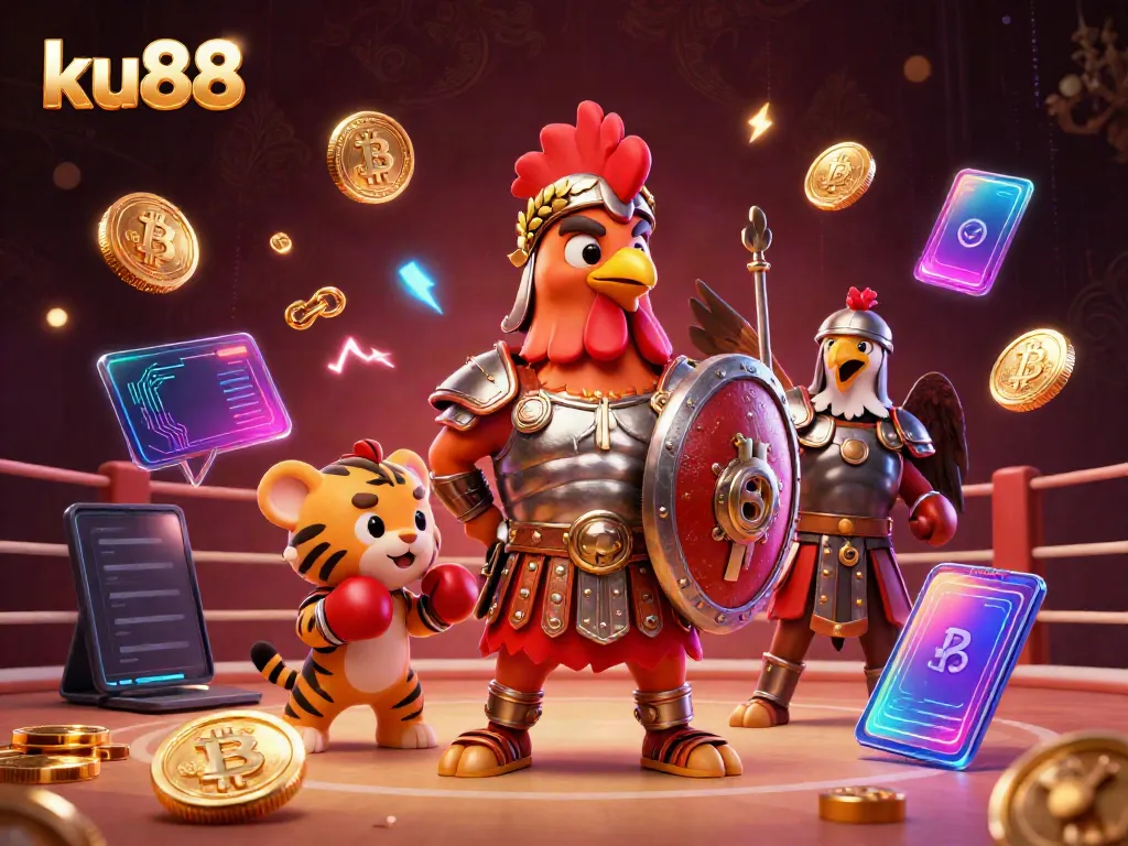 Engage in betting strategies with ku88 featuring a cartoon gladiator rooster in a dynamic arena.