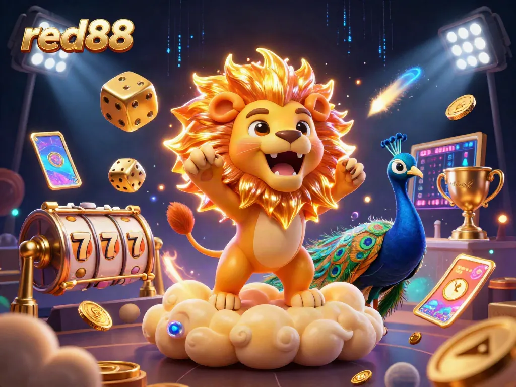Experience the thrill of red88 with a golden lion, dynamic dice, and vibrant casino elements.