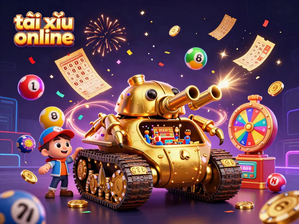 Engage in tài xỉu online gaming with a vibrant 3D illustration of a golden beetle tank casino, showcasing dynamic game elements.