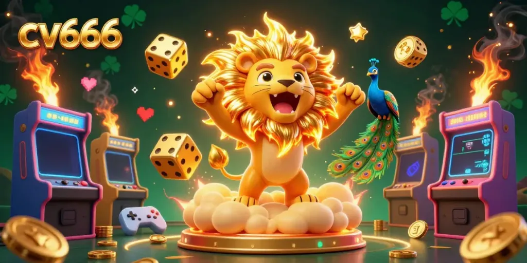Engage with exciting games at cv666, where the cartoon sun lion and friends celebrate in a vibrant casino atmosphere.