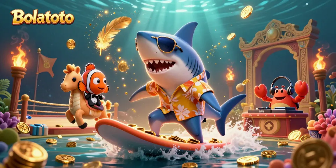 Bolatoto's vibrant 3D casino scene featuring a surfing shark and casino elements.