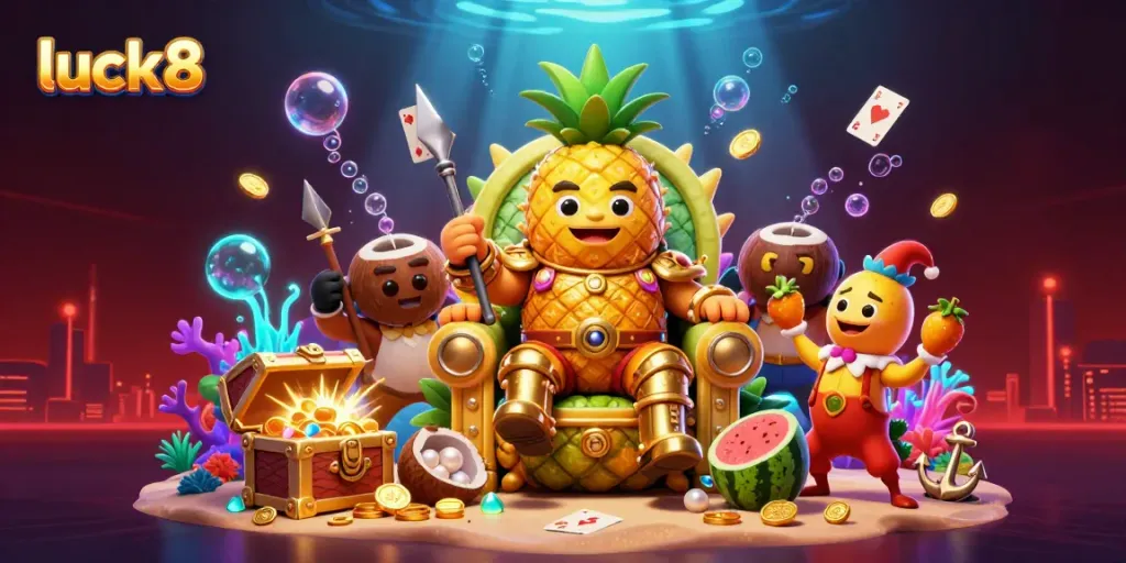 Play and win with luck8's vibrant casino scene featuring a golden pineapple king and tropical elements.