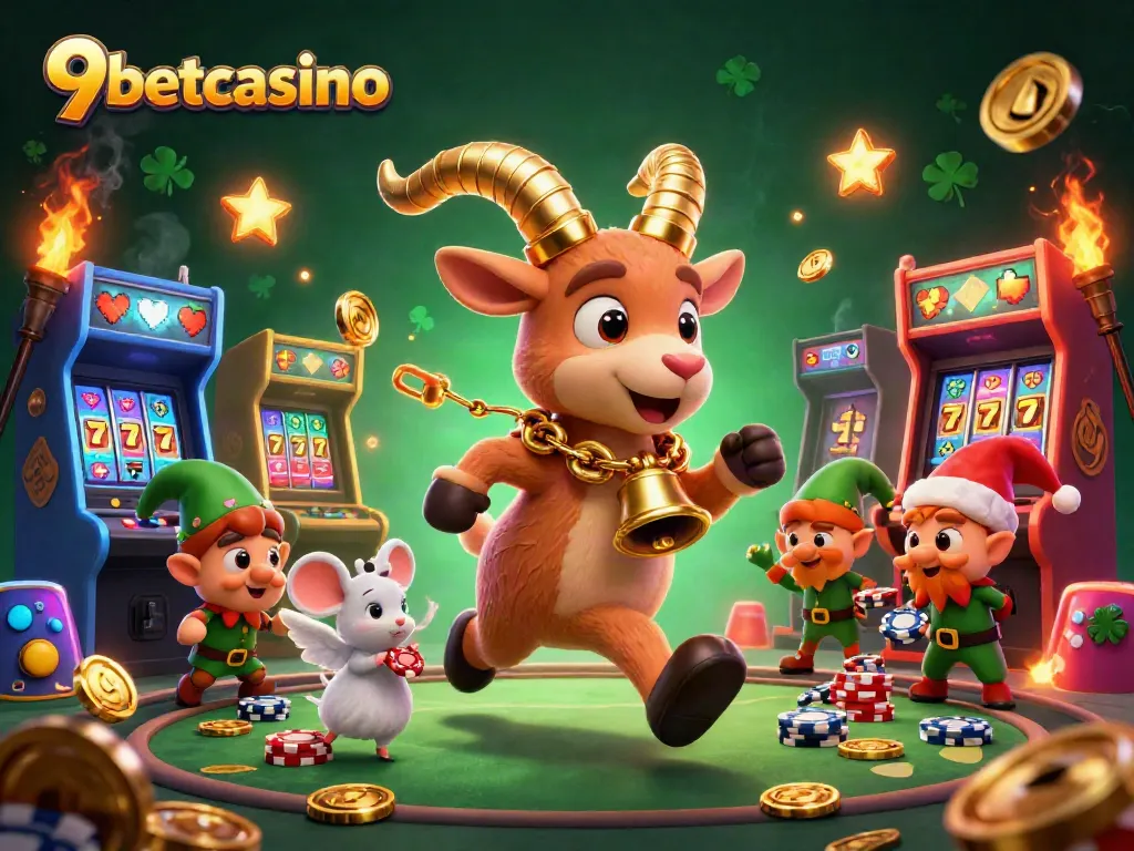 Experience exciting gameplay at 9betcasino with a festive casino scene featuring a Krampus goat and engaging characters.