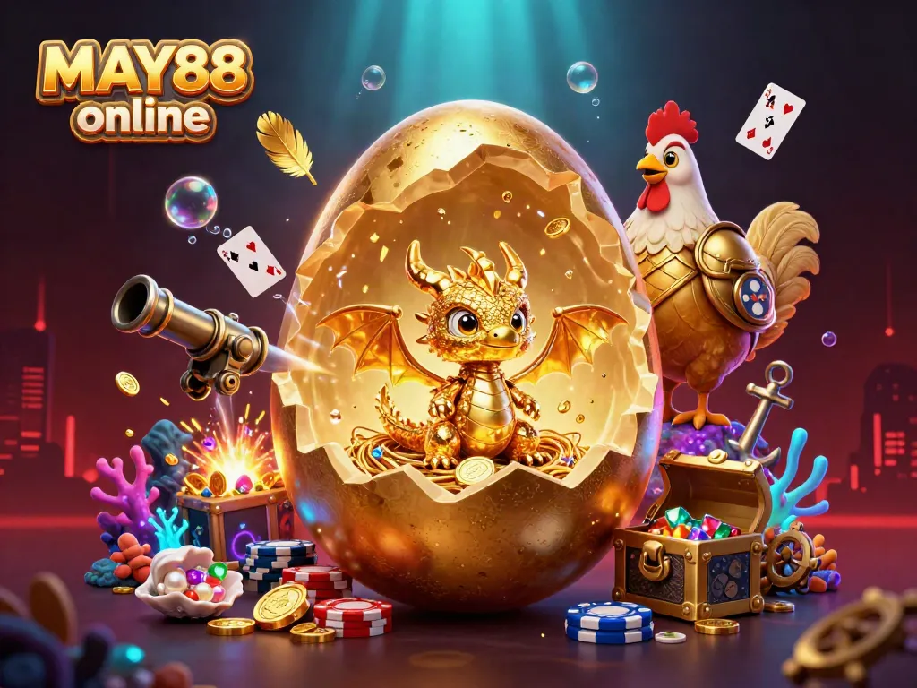 Engage with thrilling gameplay in the MAY88 online casino featuring epic golden dragon and poker chips.