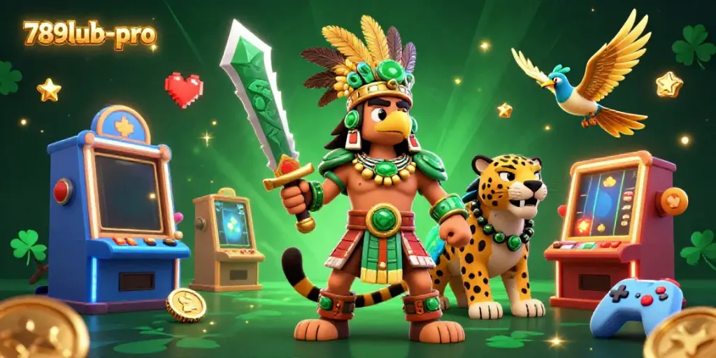 Experience excitement with 789lub-pro through this vibrant casino-themed 3D illustration featuring Aztec warriors.